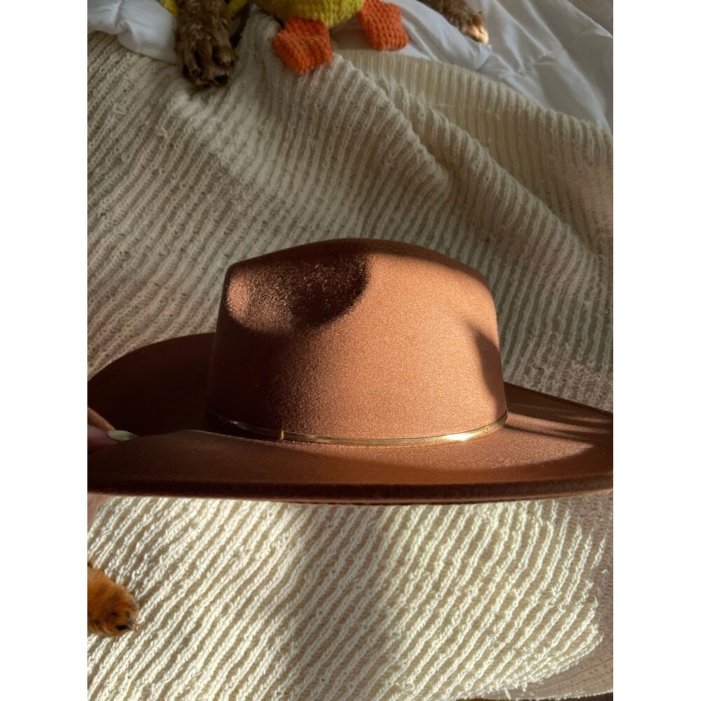 Womens Brown Felt Fedora Hat with Gold Band - Picture 3 of 5